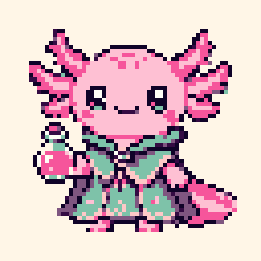 Axolotl Potion Mage 64x64 pixel art template, bubblegum palette