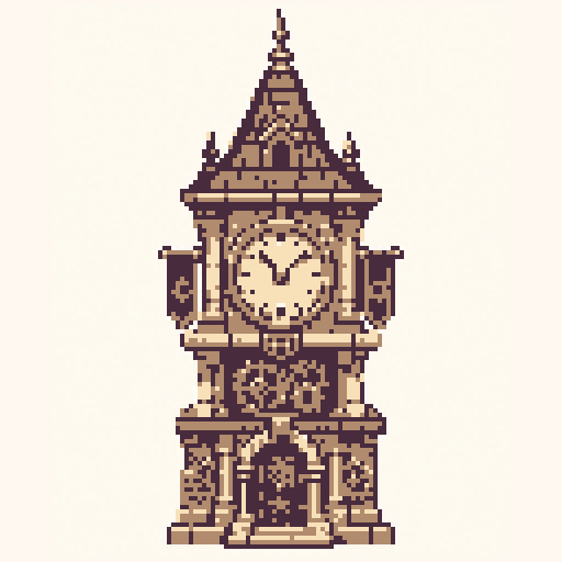 Clockwork Tower 128x128 pixel art template, dawn palette