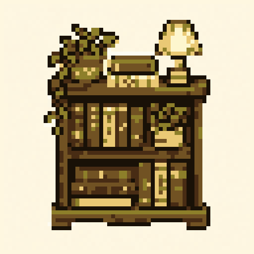 Cozy Bookshelf 64x64 pixel art template, forest palette