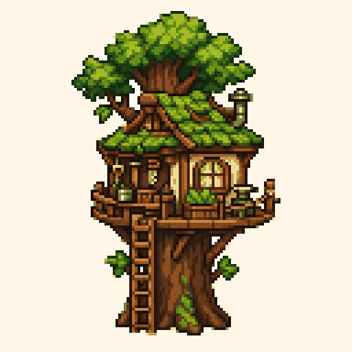 Cozy Treehouse Workshop 128x128 pixel art template, forest palette