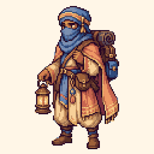 Desert Lantern Nomad 128x128 pixel art template, dawn palette