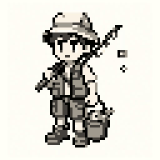 Fisher Kid 64x64 pixel art template, mono palette