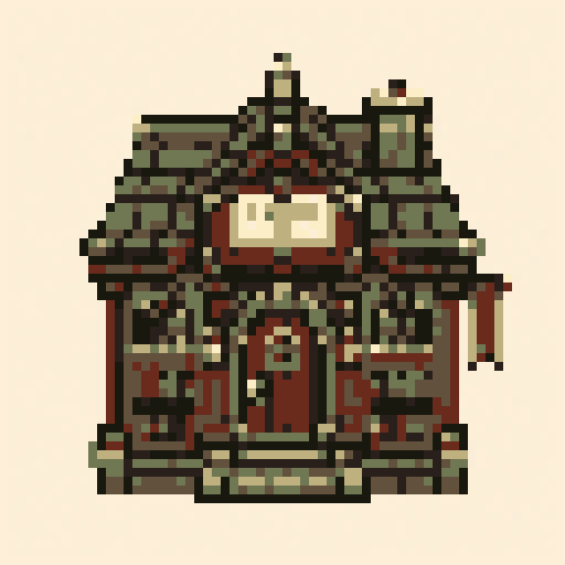 Green Roof Library 64x64 pixel art template, ember palette