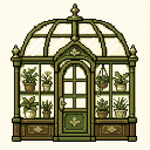 Greenhouse 128x128 pixel art template, forest palette