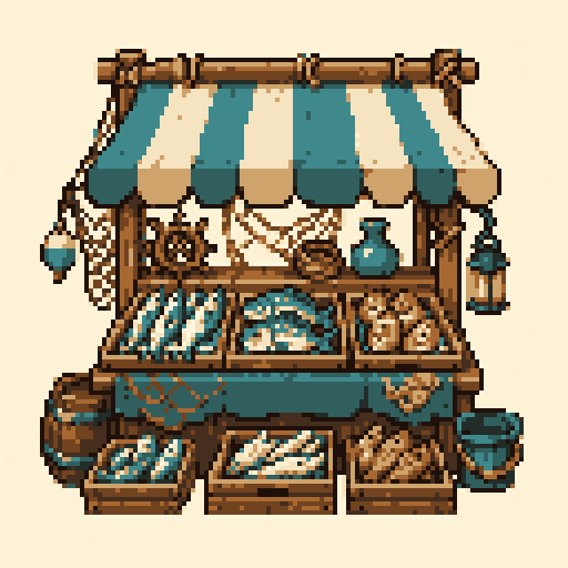 Harbor Fish Stand 128x128 pixel art template, tomodachi palette