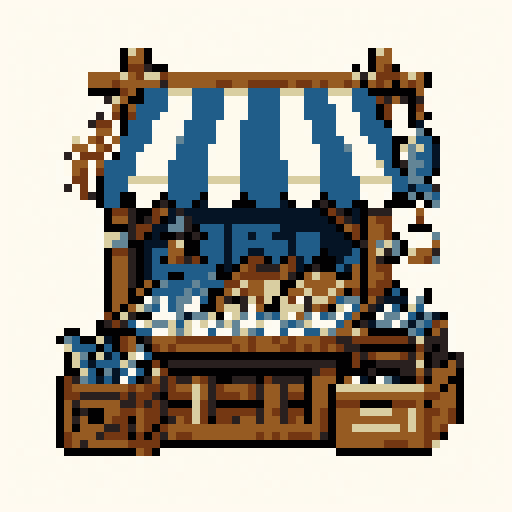 Harbor Fish Stand 64x64 pixel art template, pico8 palette