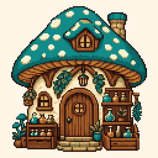 Mushroom Apothecary Shop 128x128 pixel art template, tomodachi palette
