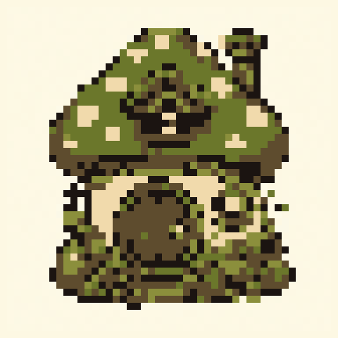 Mushroom Cottage 48x48 pixel art template, forest palette
