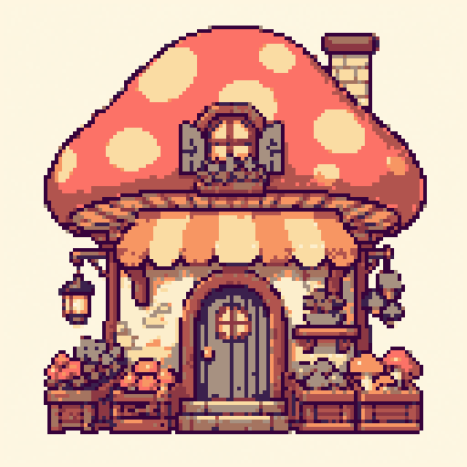 Mushroom Shop 128x128 pixel art template, dawn palette
