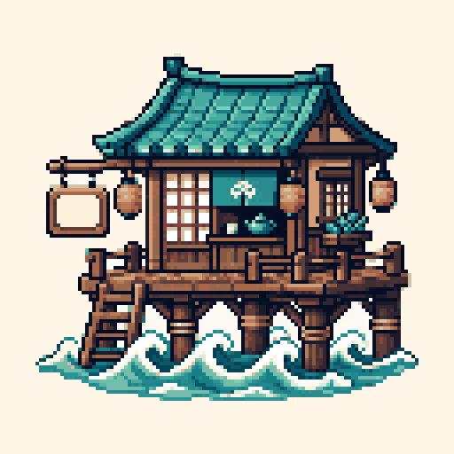Ocean Tea House Pier 128x128 pixel art template, ocean palette