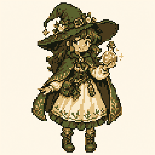 Potion Witch 128x128 pixel art template, forest palette