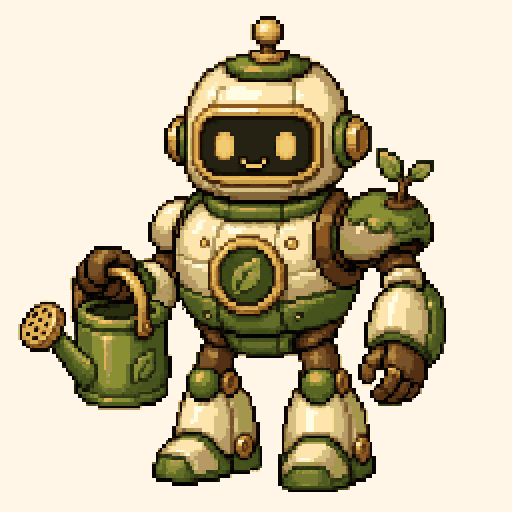 Robot Garden Keeper 256x256 pixel art template, forest palette