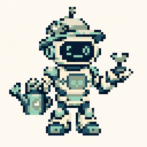 Robot Gardener 64x64 pixel art template, ocean palette
