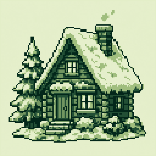 Snow Cabin 128x128 pixel art template, gameboy palette