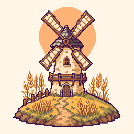 Sunset Windmill Hill 256x256 pixel art template, dawn palette